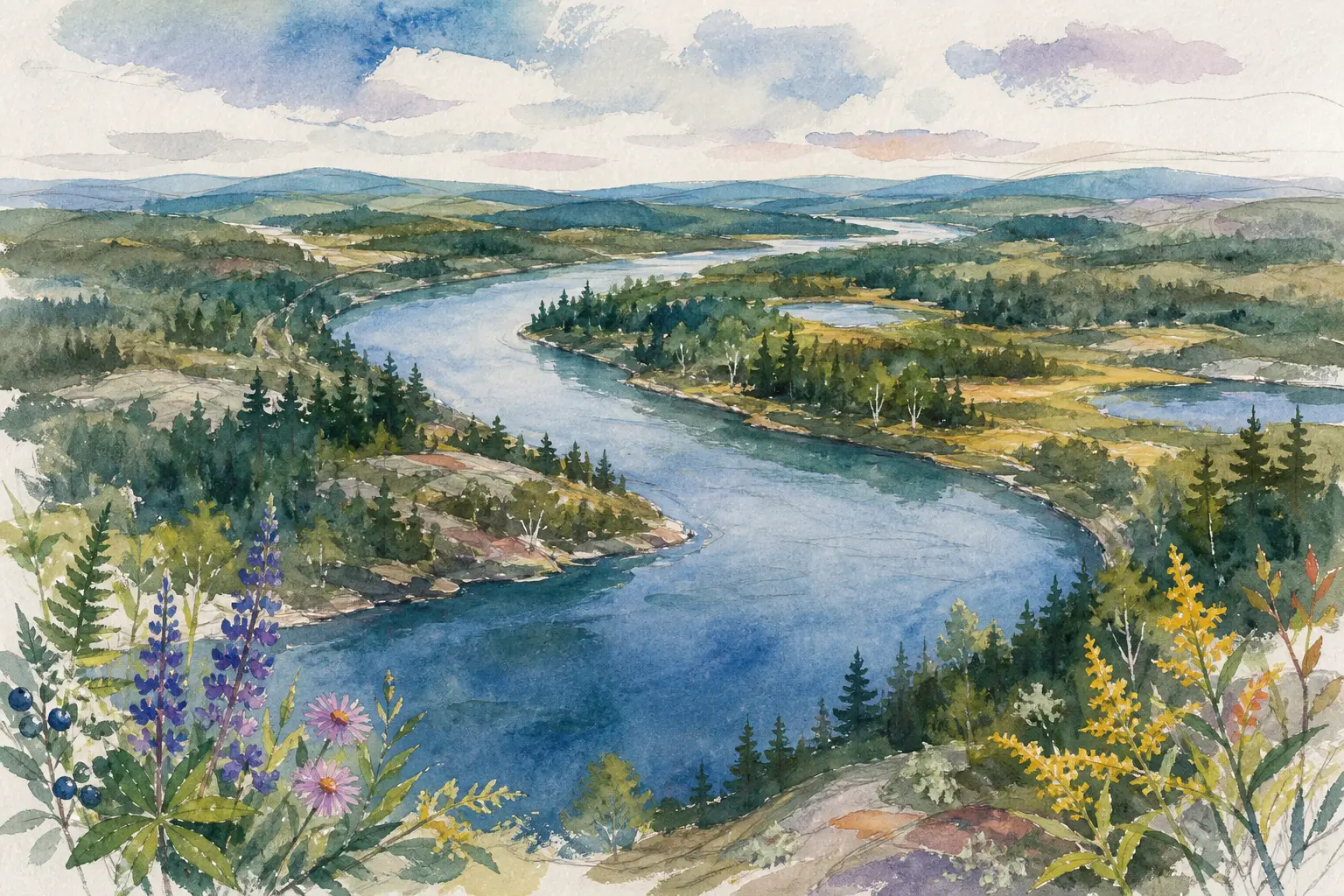 Watercolor of the Kennebec River valley winding through Maine forest and wildflowers