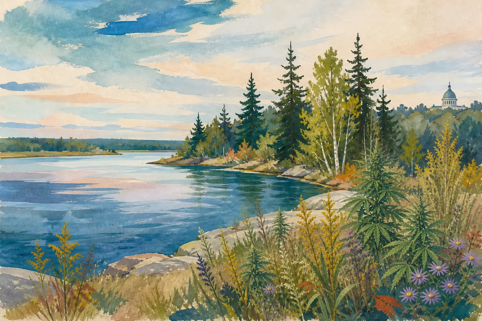 Watercolor of the Augusta riverfront with the Maine State House dome above the treeline